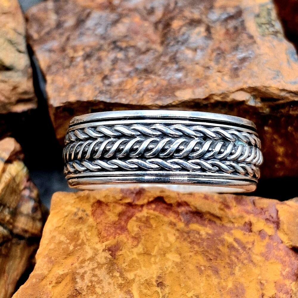 Men’s Sterling Silver Spinner Ring 925 Braided Rope Band 8mm Size 11 Meditation
